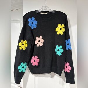 Vine & Love Black Sweater with Colorful Floral Design